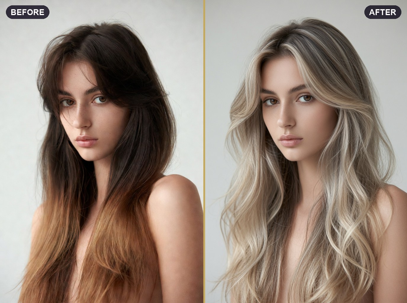 Brunette → bright blonde balayage